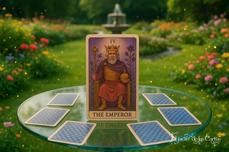 Significado de la carta del Emperador del tarot representado sobre una mesa de cristal en un jardín mágico y florido, con una fuente al fondo y destellos de luz flotando.