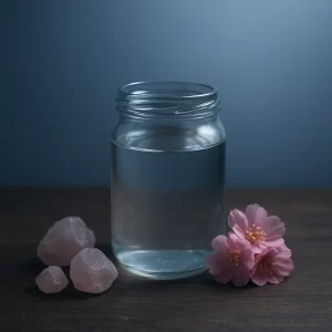 Frasco de vidrio transparente con agua a la luz de la luna, acompañado de cuarzos rosa y flores frescas sobre una mesa de madera.