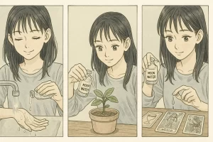 Ilustración estilo manga de una chica usando agua de luna: primero se lava las manos, luego riega una planta y finalmente deja caer gotas sobre cartas del tarot.