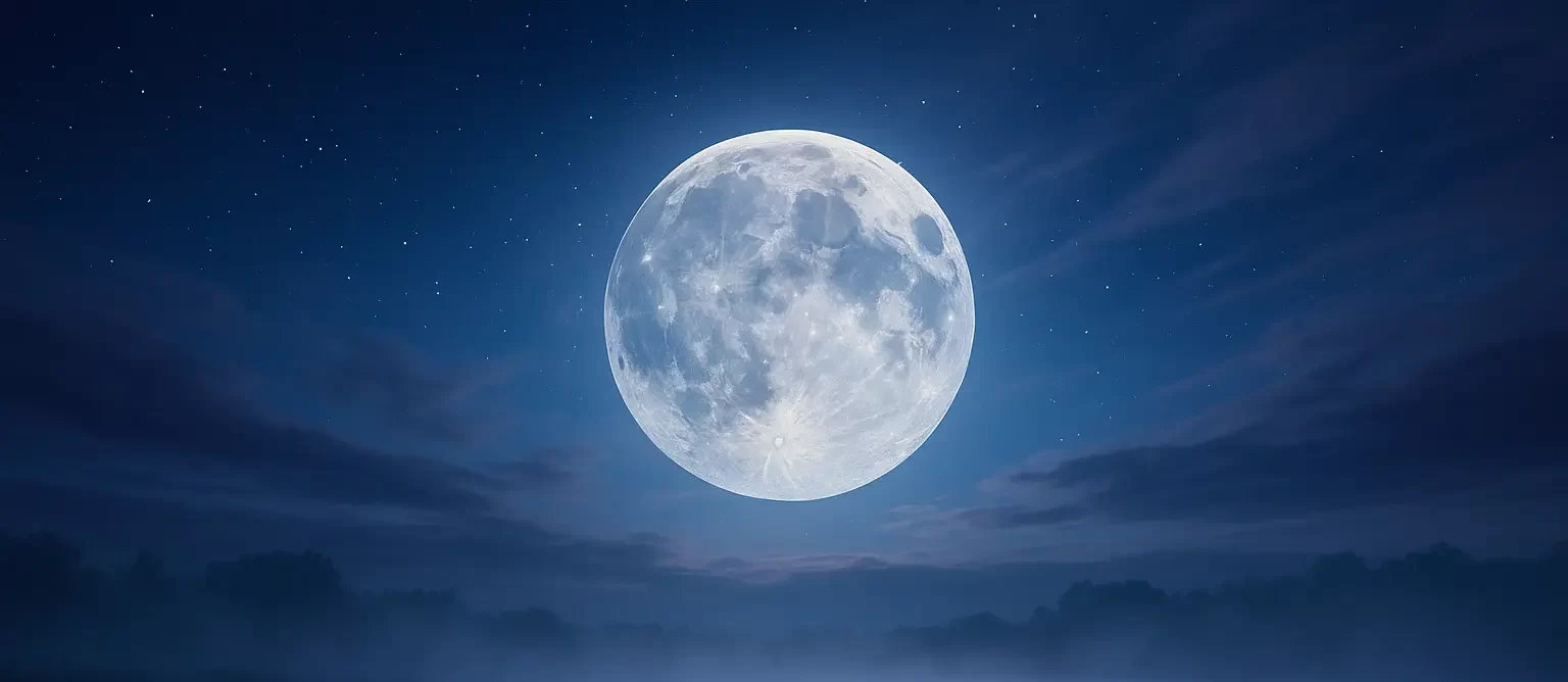 Superluna de noviembre 2025 iluminando el cielo nocturno, reflejada en el agua.