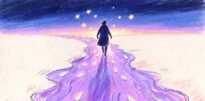 Ilustración de una persona caminando por un sendero violeta iluminado, con estrellas brillantes en el cielo y un paisaje claro alrededor.