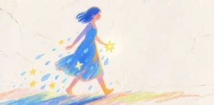 Figura caminando hacia una luz azul suave mientras gotas de agua se transforman en estrellas.