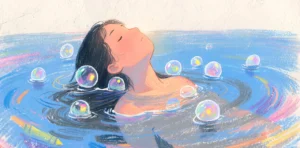 Ilustración de una mujer flotando en agua azul con burbujas brillantes alrededor, inclinando el rostro hacia arriba.