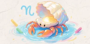 Símbolo de Cáncer rodeado de agua tibia y un caparazón iluminado desde dentro.