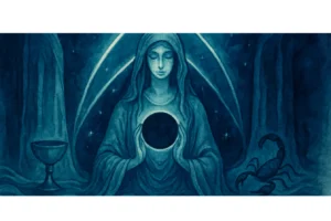 Ilustración mística de una figura femenina tipo sacerdotisa sosteniendo una luna nueva oscura, con un cáliz y un escorpión a los lados, representando la energía de la Luna Nueva en Escorpio y el gran trino de agua de noviembre 2025.
