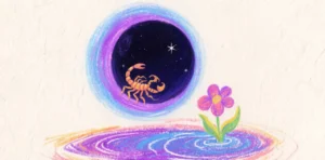 Luna nueva oscura rodeada de un halo azul profundo con símbolos de transformación escorpiana.