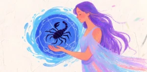 Figura femenina etérea sosteniendo un símbolo oscuro de Mercurio rodeado de agua en movimiento, con tonos azul petróleo y violeta.