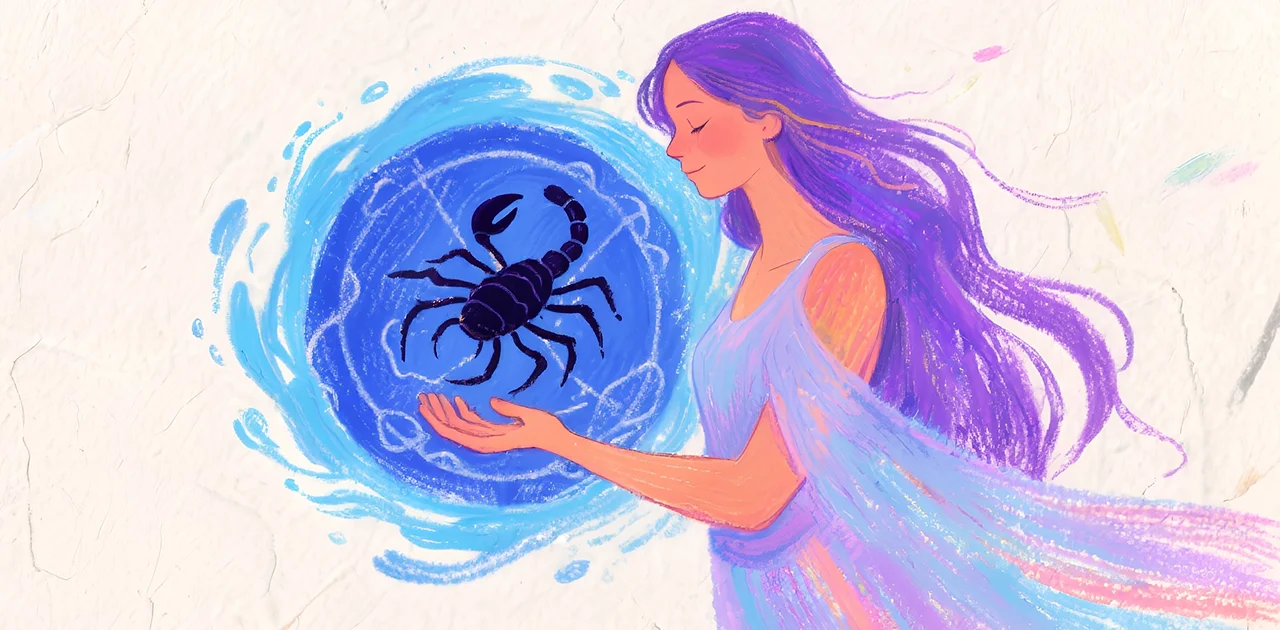 Figura femenina etérea sosteniendo un símbolo oscuro de Mercurio rodeado de agua en movimiento, con tonos azul petróleo y violeta.