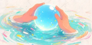 Ilustración de dos manos sosteniendo una esfera luminosa azul sobre agua con colores brillantes.