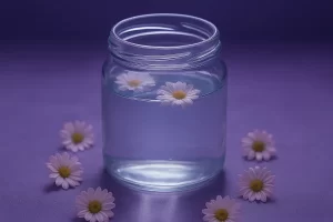 Frasco de vidrio con agua y flores flotando sobre fondo violeta, símbolo de purificación y energía lunar.