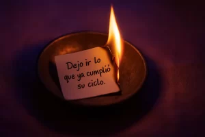Papel con la frase “Dejo ir lo que ya cumplió su ciclo” ardiendo en un cuenco, símbolo de liberación y cierre de etapas.