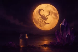 Superluna en Escorpio brillando sobre el agua, con un frasco de agua lunar y cristales amatistas que simbolizan transformación y sanación emocional.