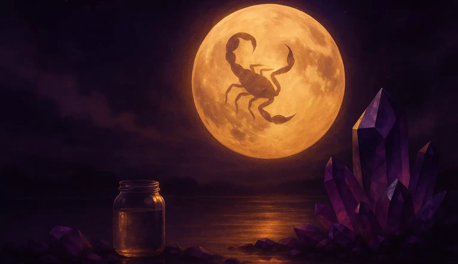 Superluna en Escorpio brillando sobre el agua, con un frasco de agua lunar y cristales amatistas que simbolizan transformación y sanación emocional.