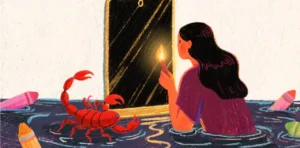 Figura iluminando un espejo de agua oscuro con símbolos escorpianos y tonos profundos.