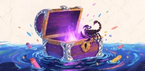 Ilustración de un cofre abierto en el agua con una luz violeta brillando desde dentro y un escorpión posado en el borde.