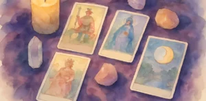 Varias cartas de tarot extendidas sobre una mesa iluminada, representando una lectura general de tarot.