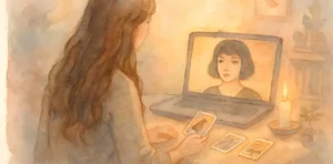 Persona realizando una lectura de tarot por videollamada, con cartas sobre la mesa y la imagen de la consultante en la pantalla.