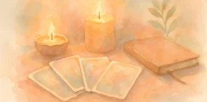 Velas encendidas, un cuaderno y varias cartas de tarot boca abajo sobre una mesa en tonos cálidos.
